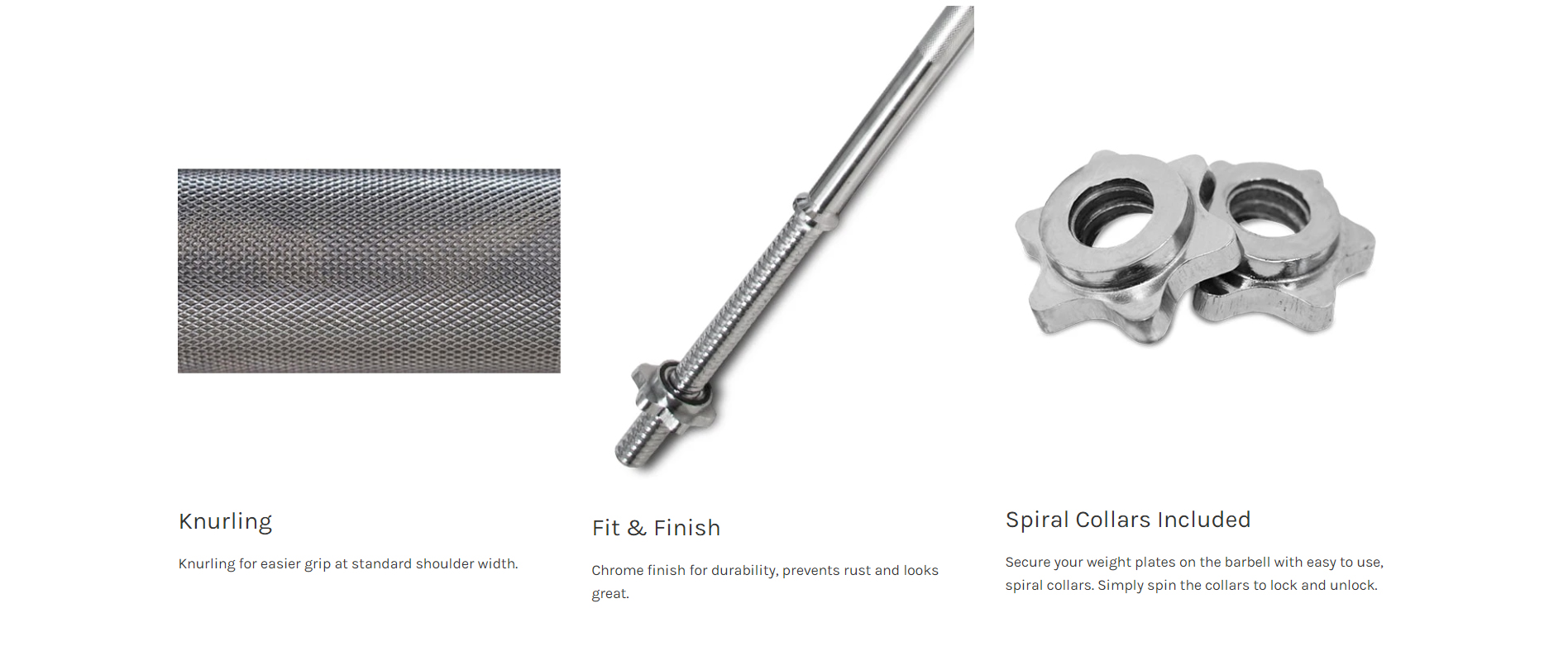 Barbell features: knurling, finish, collars